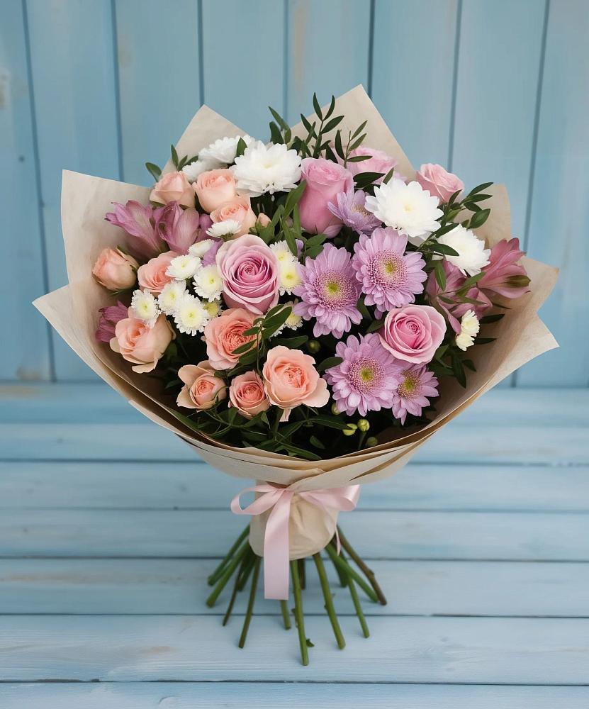 Букет цветов из: Хризантемы, Розы и Альстромерии в Новокузнецке