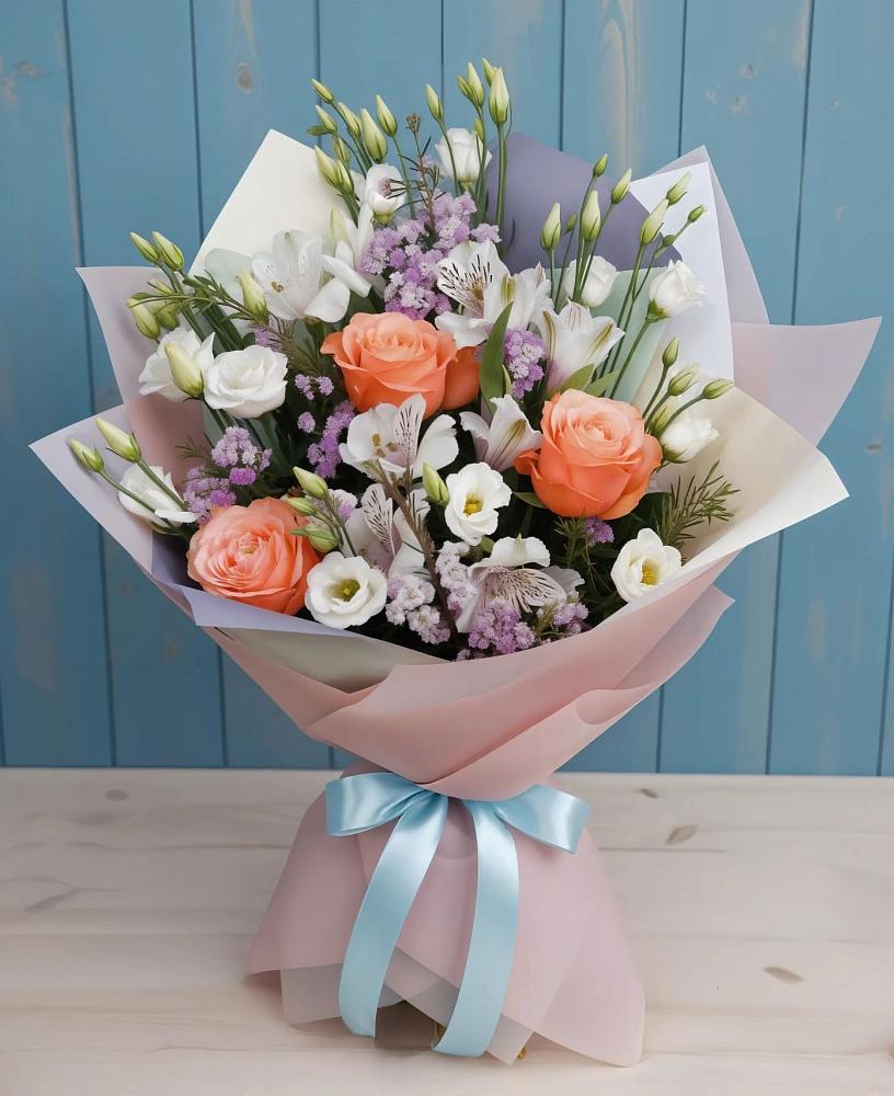 Букет цветов из: Лизиантусы, Розы, Альстромерии и Гипсофила в Новокузнецке