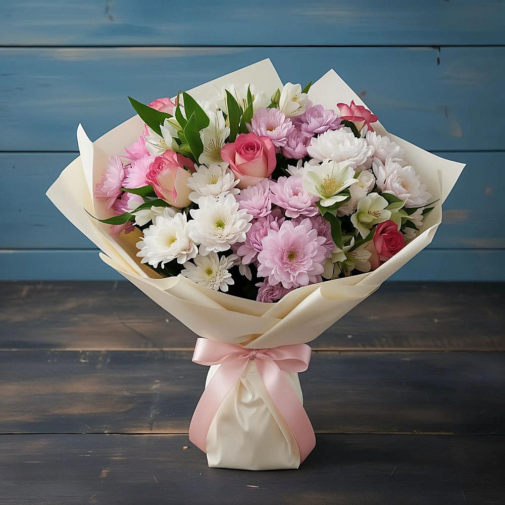 Букет цветов из: Хризантемы, Альстромерии и Розы в Новокузнецке